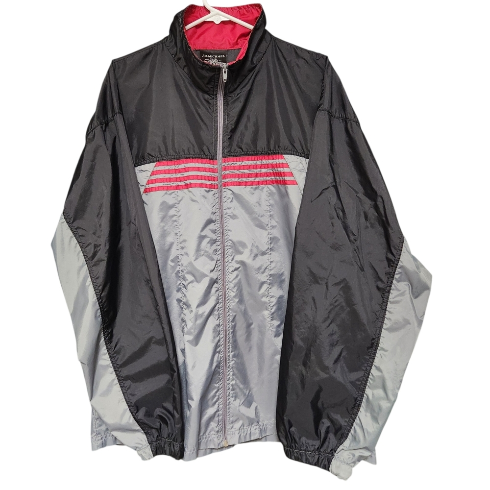 Vintage Style J.D. Michael Colorblock Windbreaker Jacket Black Gray Red XL Nylon